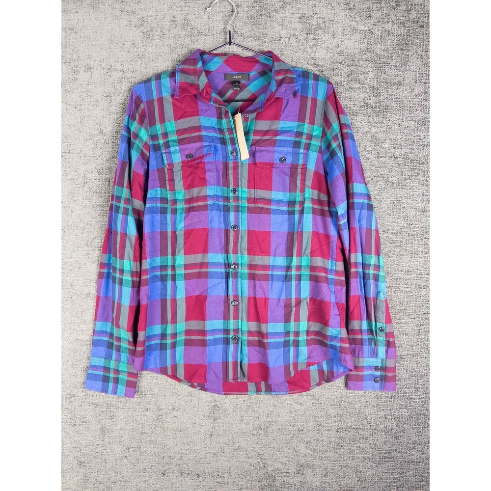 NEW J. Crew Button Up Shirt Womens 4 Plaid Cotton‎ Casual Double Front Pockets